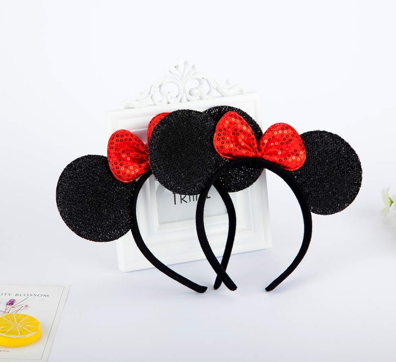 FANYITY Mouse Ears Headbands Sequin Hair Band for Girls Women Boys Party, 2 Pieces (RED) - Image 2